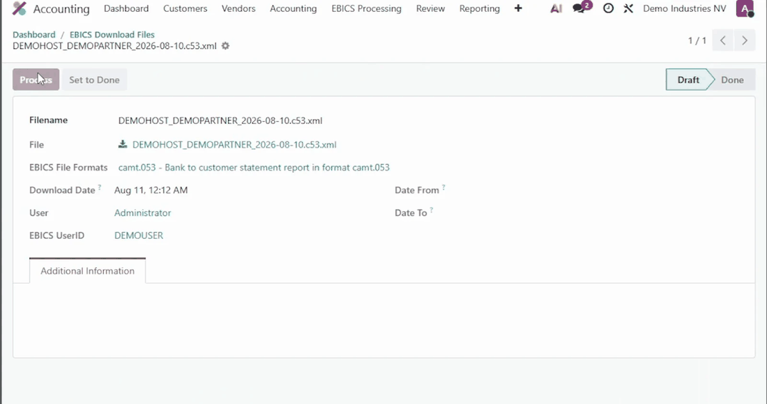 A downloaded camt.053 statement file in Odoo, ready to be processed