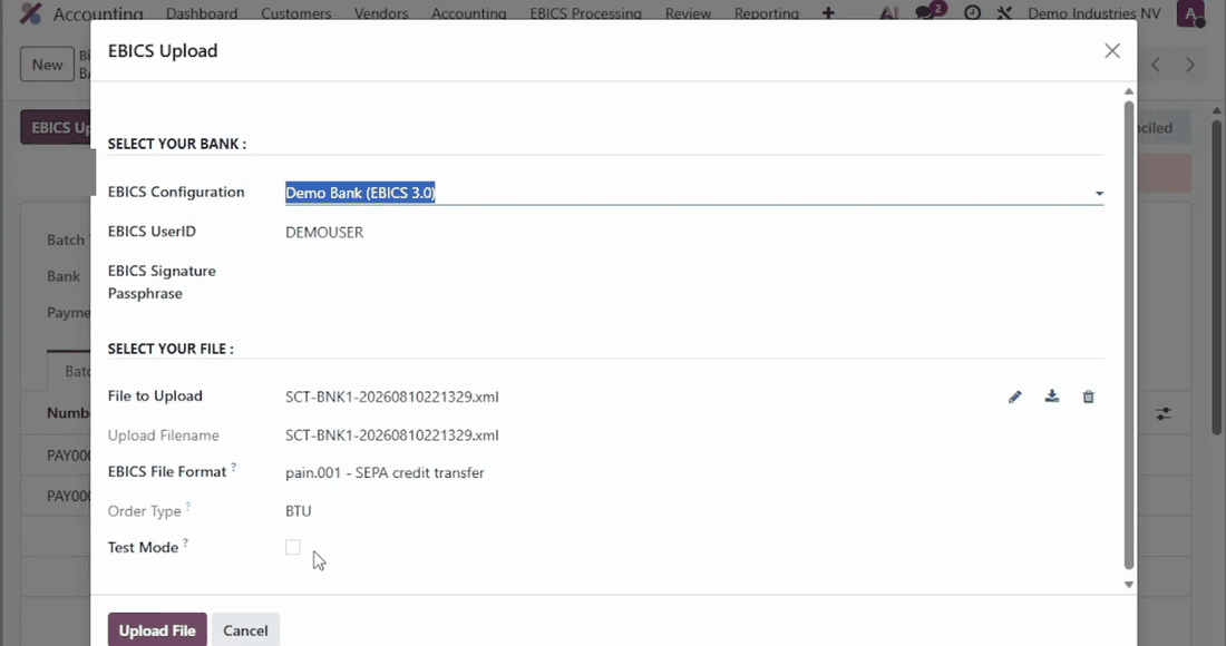Uploading a pain.001 SEPA credit transfer file over EBICS 3.0, with the test mode option